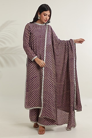 Purple Muslin Bandhej Hand Block Printed Kurta Set by ASRUMO