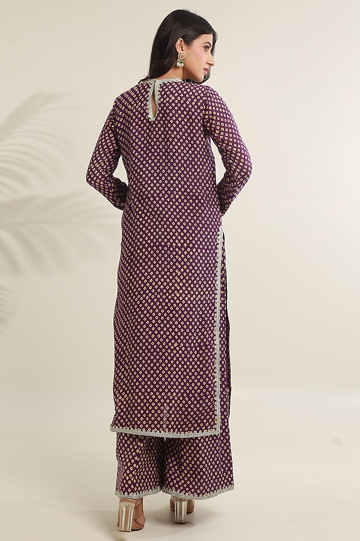 Purple Muslin Bandhej Hand Block Printed Kurta Set by ASRUMO at Pernia's Pop Up Shop