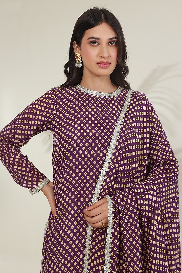 Purple Muslin Bandhej Hand Block Printed Kurta Set by ASRUMO at Pernia's Pop Up Shop