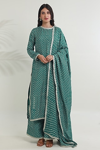 Rama Green Muslin Bandhej Hand Block Printed Kurta Set by ASRUMO