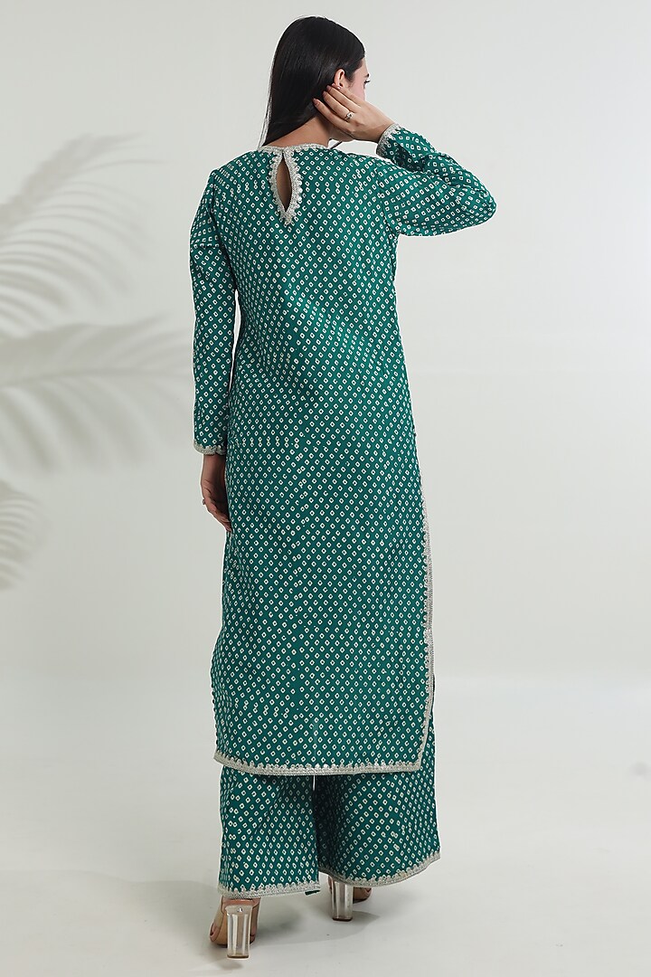 Rama Green Muslin Bandhej Hand Block Printed Kurta Set by ASRUMO at Pernia's Pop Up Shop