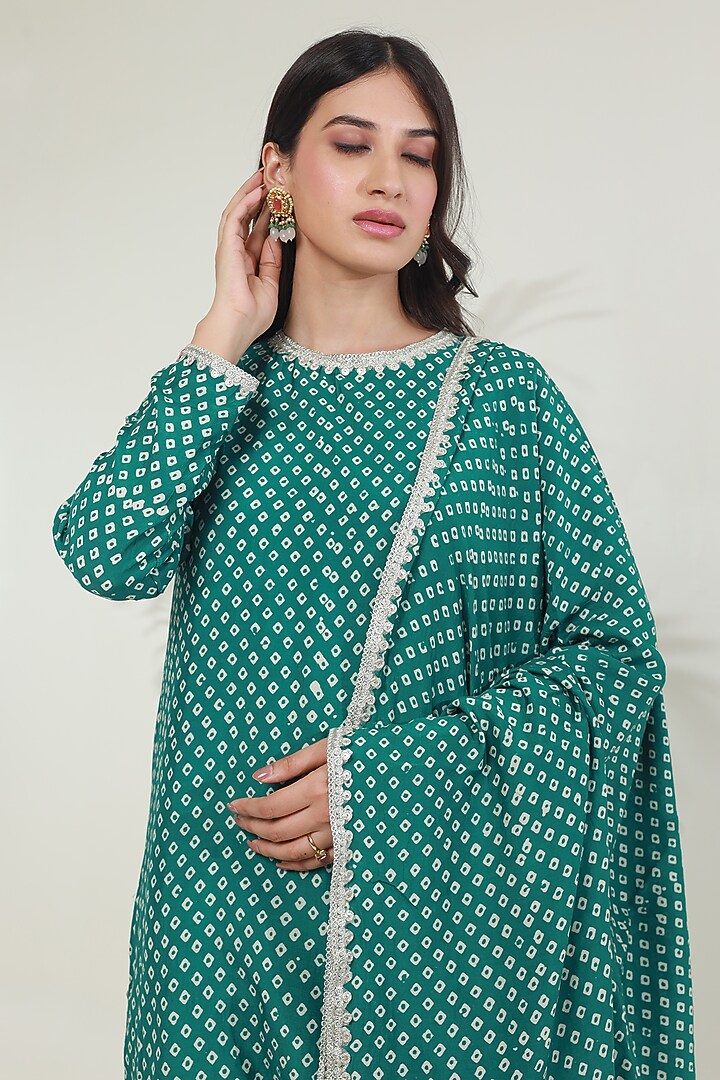 Rama Green Muslin Bandhej Hand Block Printed Kurta Set by ASRUMO at Pernia's Pop Up Shop