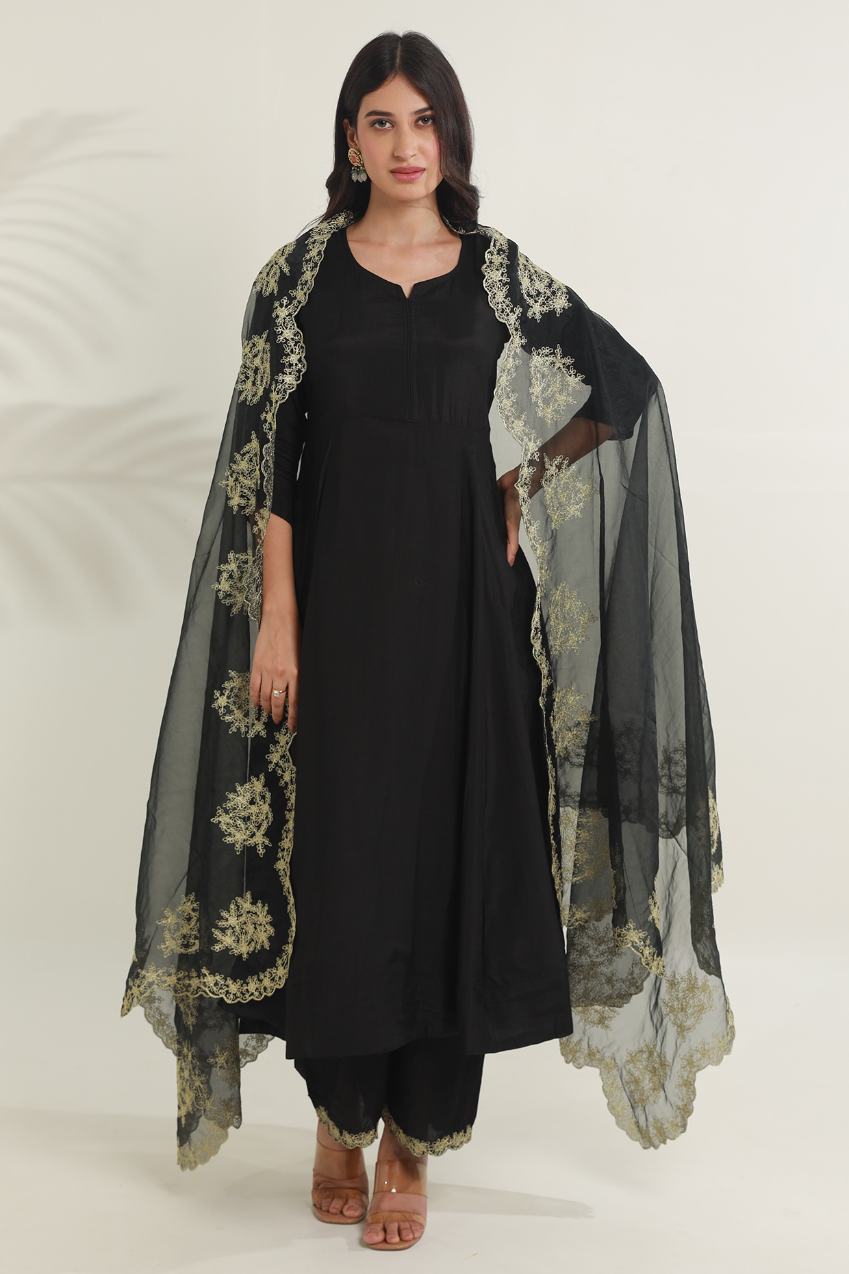 Black Chanderi & Muslin Kalidar Kurta Set by ASRUMO at Pernia's Pop Up Shop