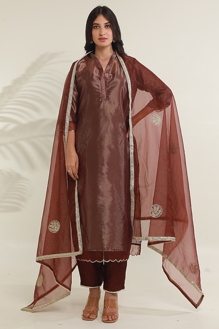 Brown Tissue Kurta Set by ASRUMO at Pernia's Pop Up Shop
