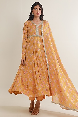 Yellow Viscose Chinon Digital Printed Anarkali Set by ASRUMO