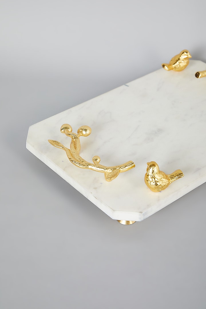 Brass Bamboo Motif White Marble Tray