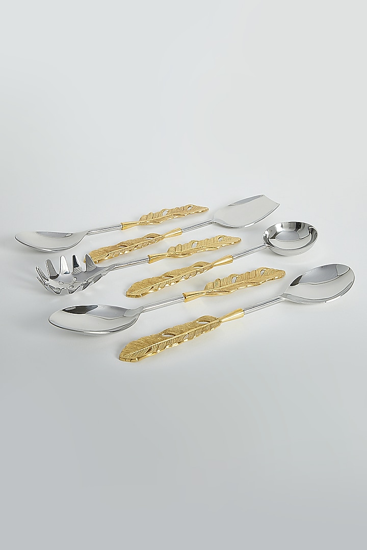 Steel Silver & Gold Feather Spoon Set (Set of 6) by Assemblage at Pernia's Pop Up Shop