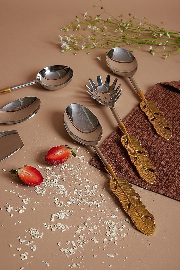Steel Silver & Gold Feather Spoon Set (Set of 6) by Assemblage at Pernia's Pop Up Shop
