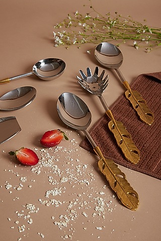 Steel Silver & Gold Feather Spoon Set (Set of 6) by Assemblage