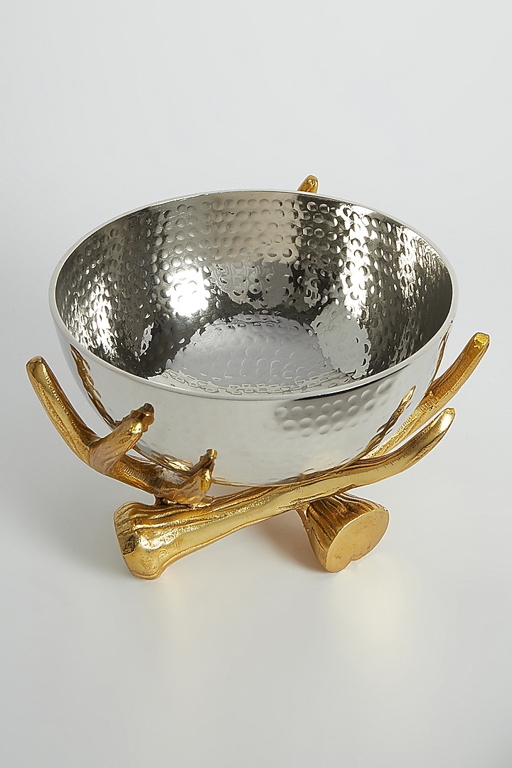 Metallic Silver Bowl With Rustic Gold Twig Stand by Assemblage at Pernia's Pop Up Shop