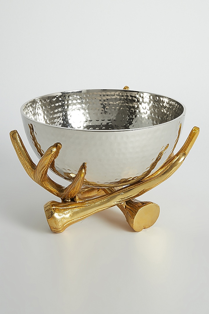 Metallic Silver Bowl With Rustic Gold Twig Stand by Assemblage at Pernia's Pop Up Shop