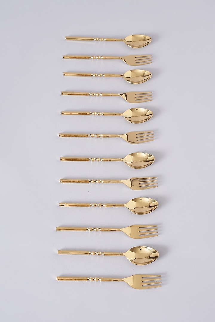 Gold Stainless Steel Spoon & Fork (Set of 6) by Assemblage at Pernia's Pop Up Shop