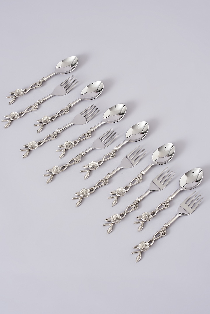 Silver Stainless Steel & Brass Spoon & Fork (Set of 6) by Assemblage