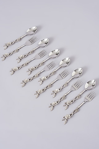 Silver Stainless Steel & Brass Spoon & Fork (Set of 6) by Assemblage