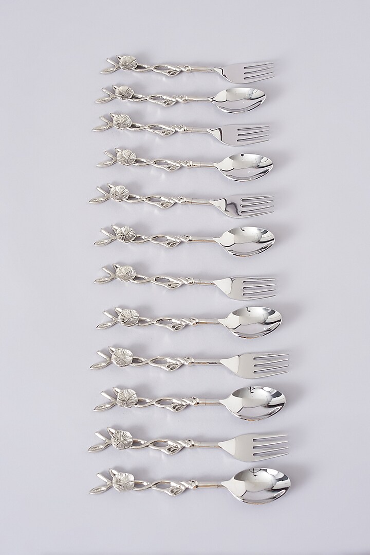 Silver Stainless Steel & Brass Spoon & Fork (Set of 6) by Assemblage at Pernia's Pop Up Shop
