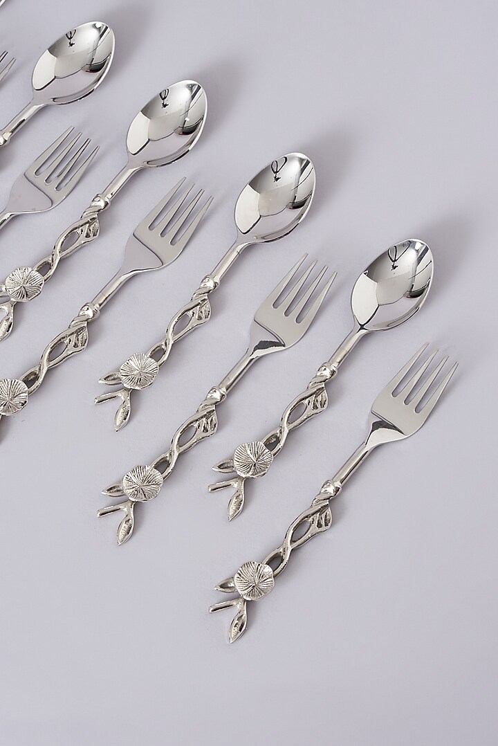Silver Stainless Steel & Brass Spoon & Fork (Set of 6) by Assemblage at Pernia's Pop Up Shop