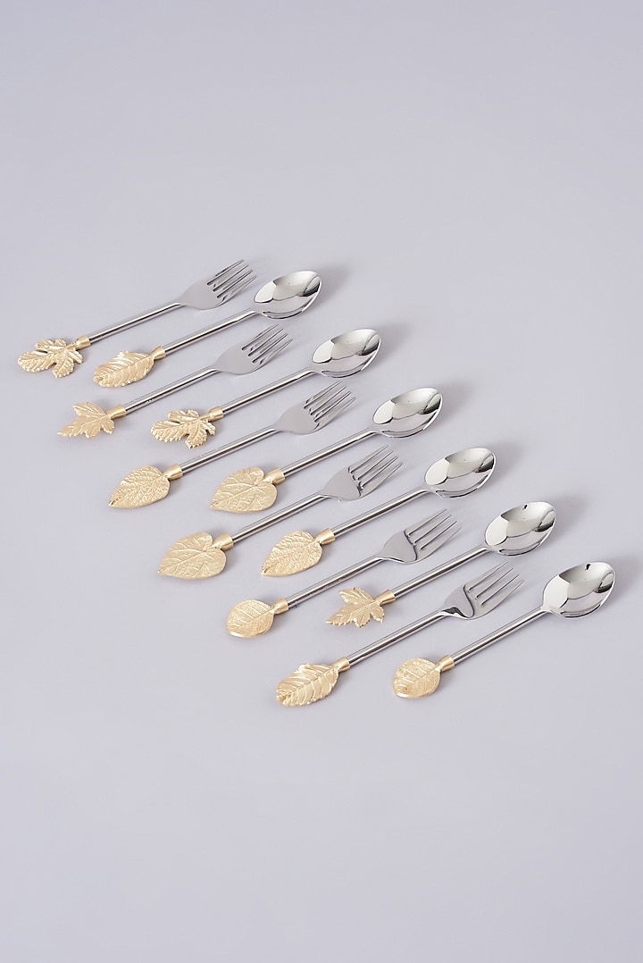 Silver Stainless Steel & Brass Spoon & Fork (Set of 6) by Assemblage