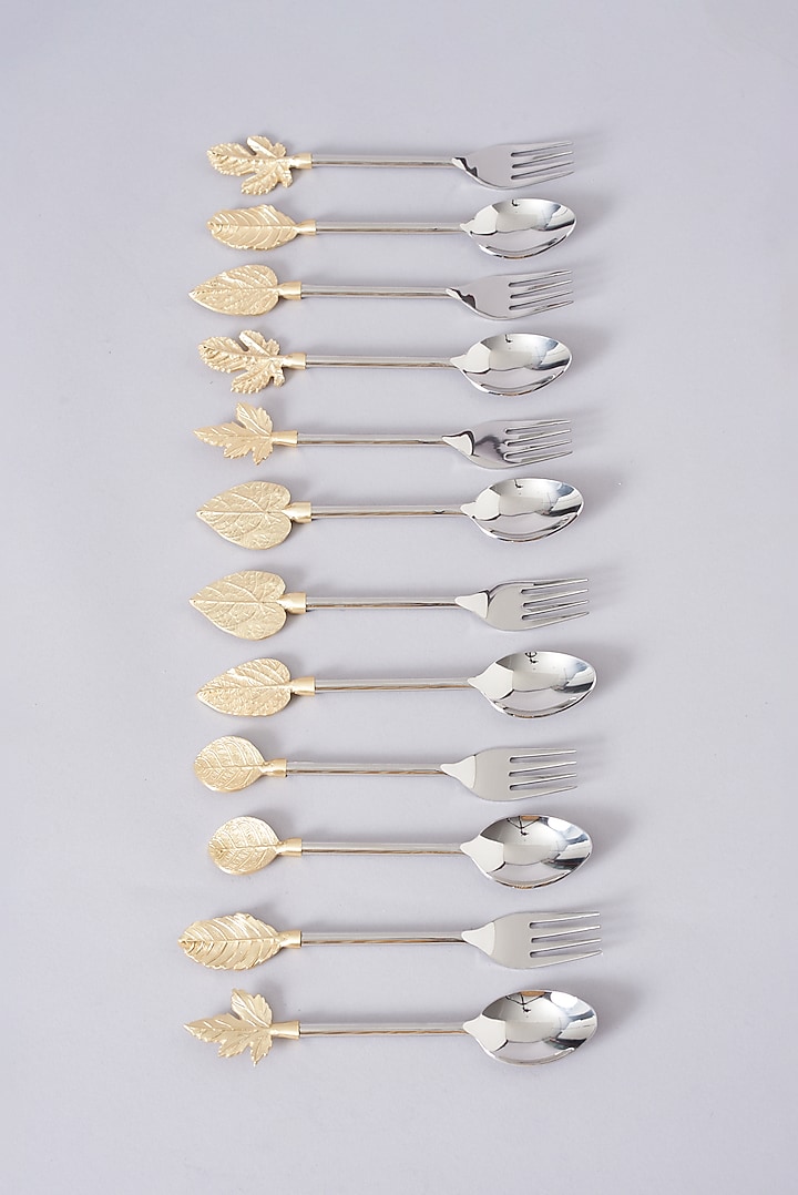 Silver Stainless Steel & Brass Spoon & Fork (Set of 6) by Assemblage at Pernia's Pop Up Shop
