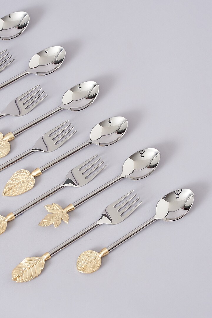 Silver Stainless Steel & Brass Spoon & Fork (Set of 6) by Assemblage at Pernia's Pop Up Shop