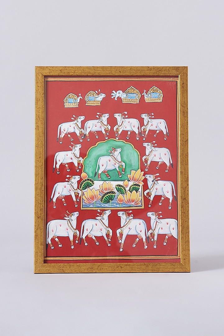 Sindoori Cow Herd & Lotus Pichwai Painting by Assemblage