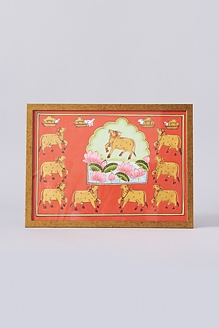 Vermillion Gopashtami Cow & Lotus Pichwai Painting by Assemblage