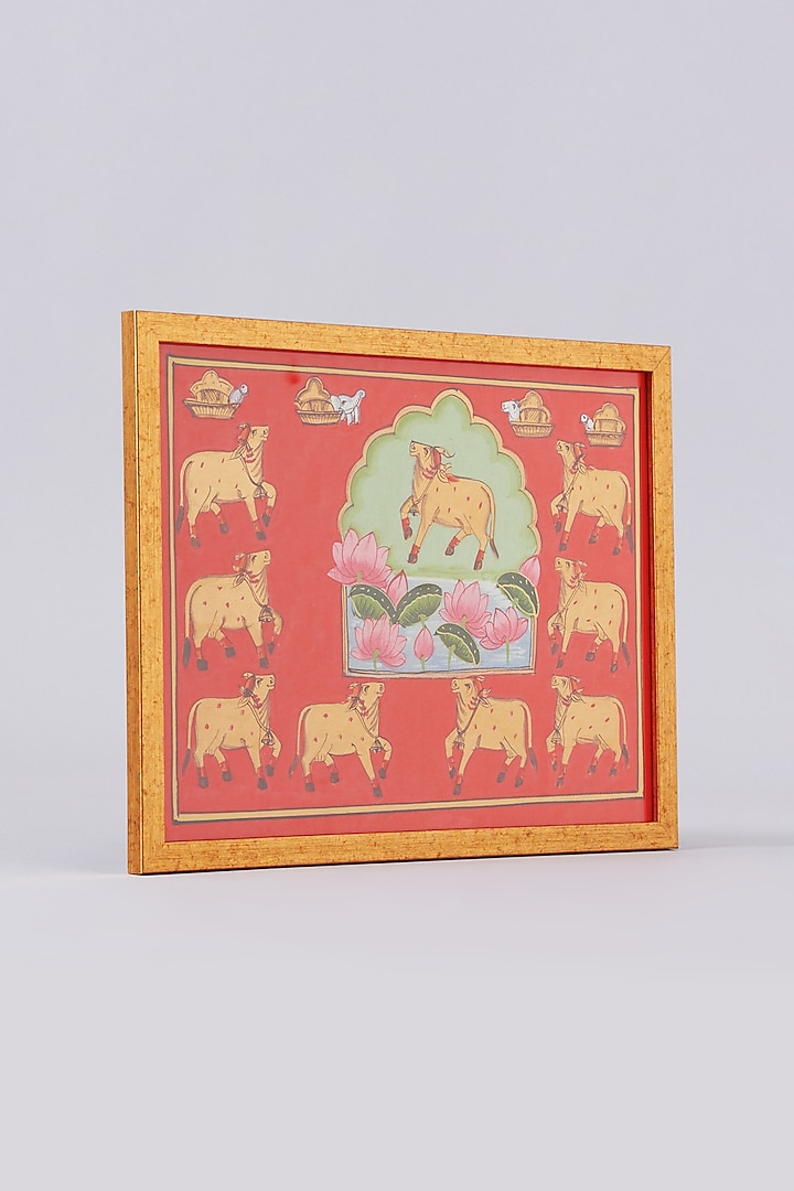 Vermillion Gopashtami Cow & Lotus Pichwai Painting by Assemblage at Pernia's Pop Up Shop