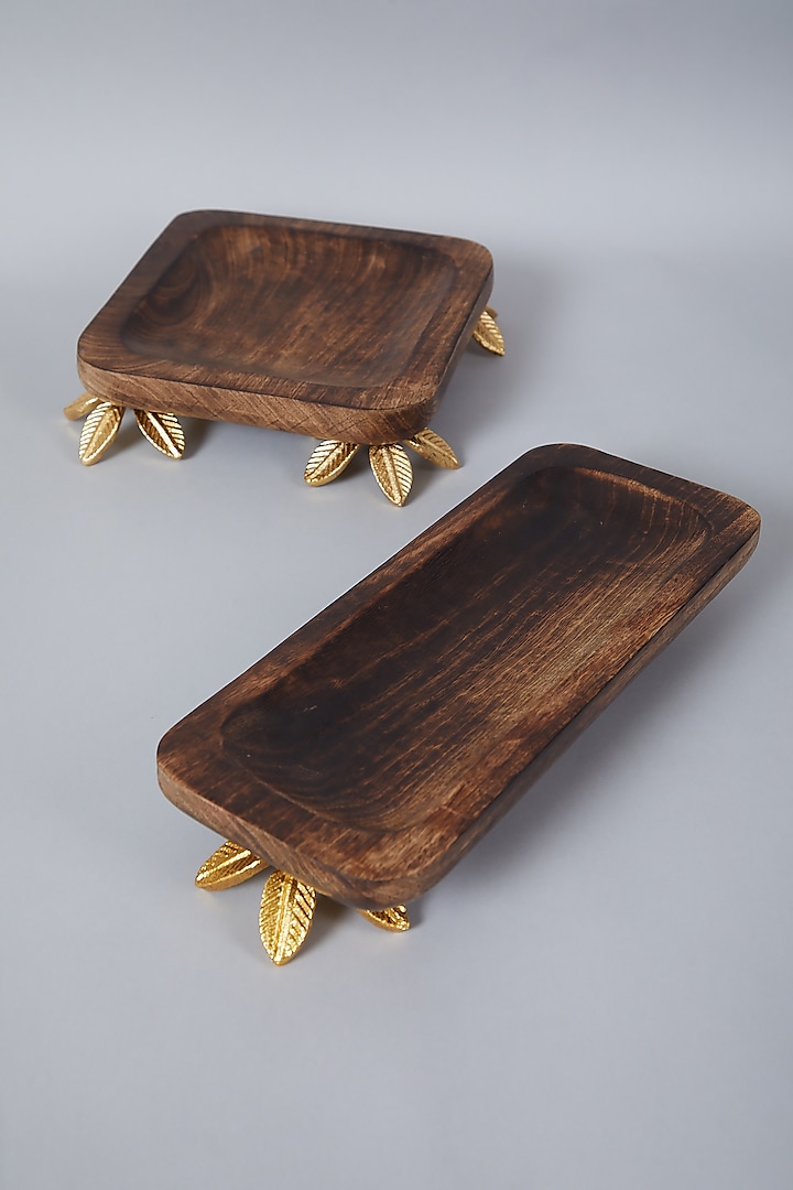 Brown Wooden Square Platter Set (Set of 2) by Assemblage