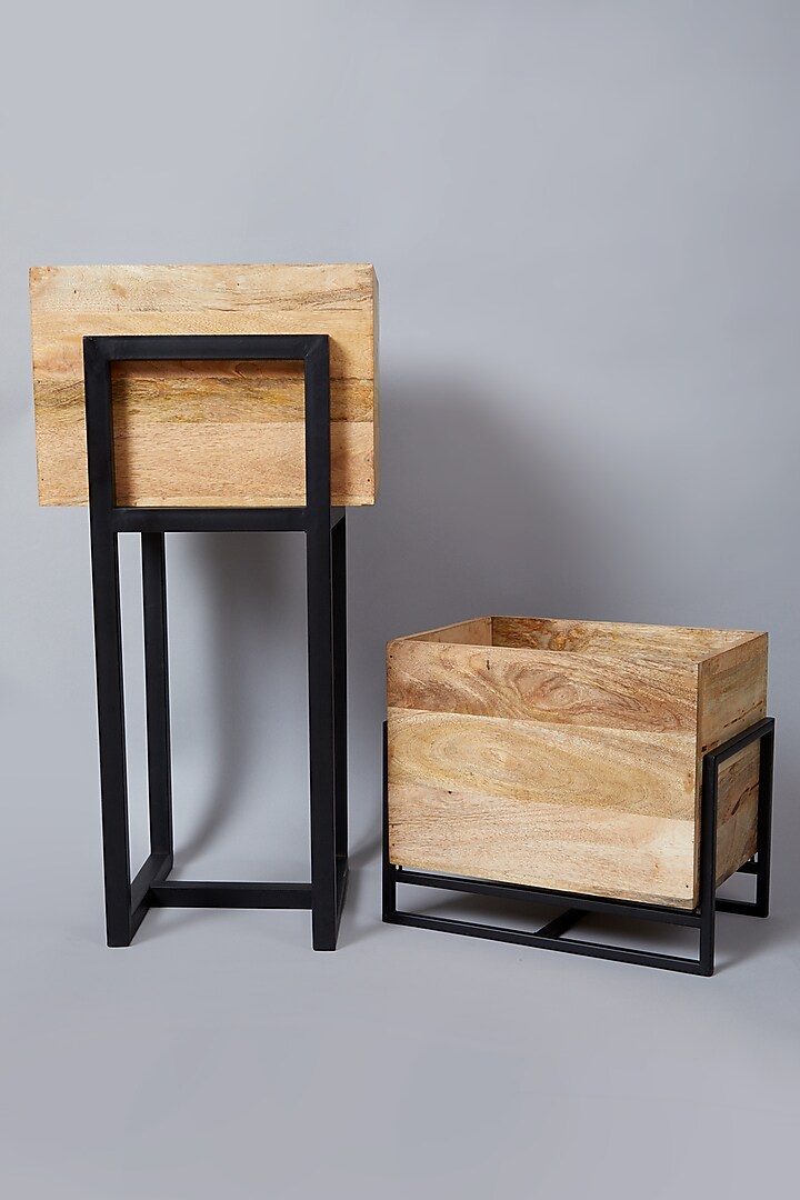 Black Wooden & Iron Planter Set (Set of 2) by Assemblage at Pernia's Pop Up Shop