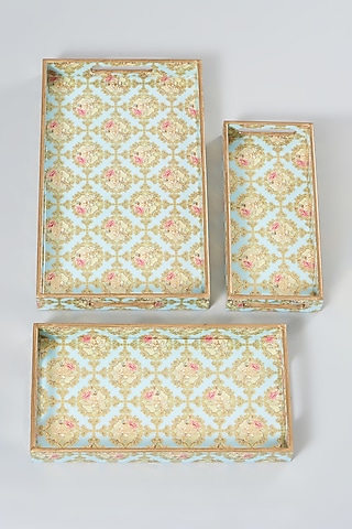 Dainty Floral Blue & Gold Spiral Print Decorative Tray (Set of 3) by Assemblage