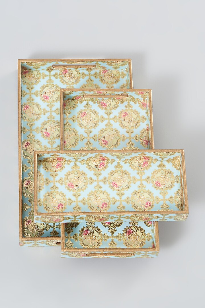 Dainty Floral Blue & Gold Spiral Print Decorative Tray (Set of 3) by Assemblage at Pernia's Pop Up Shop