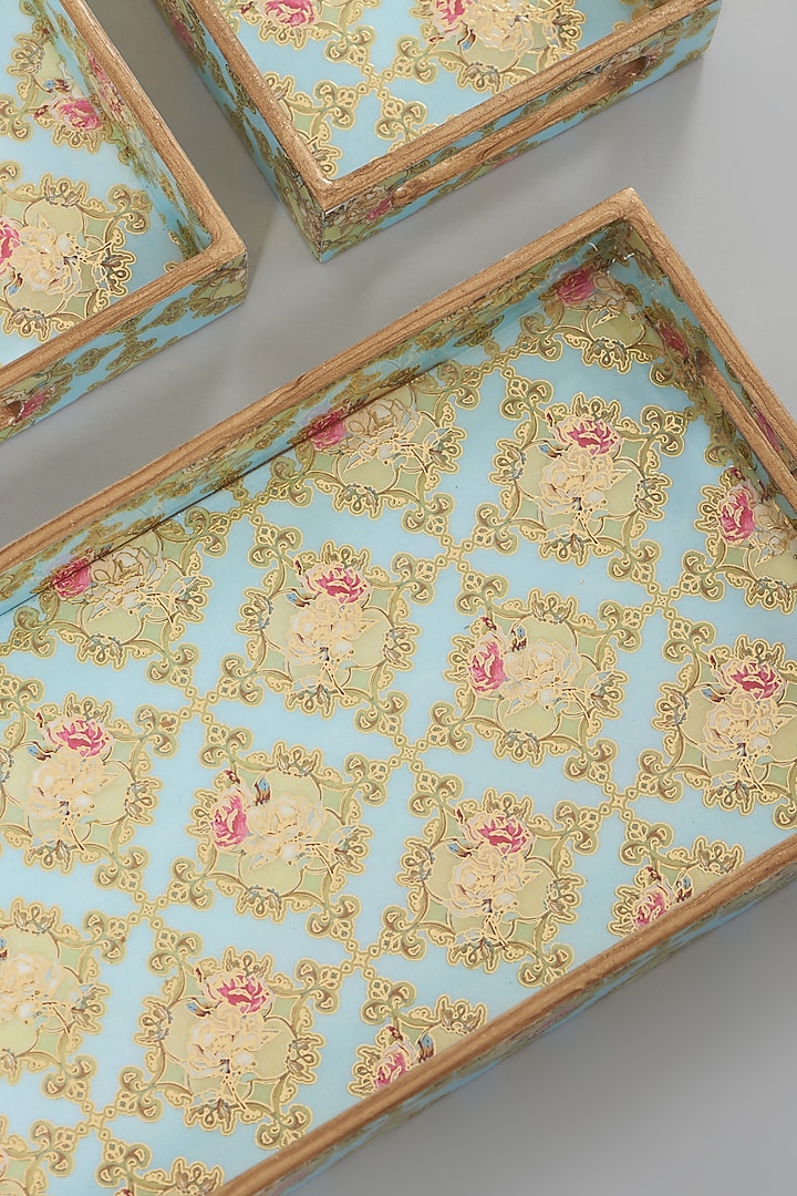 Dainty Floral Blue & Gold Spiral Print Decorative Tray (Set of 3) by Assemblage at Pernia's Pop Up Shop