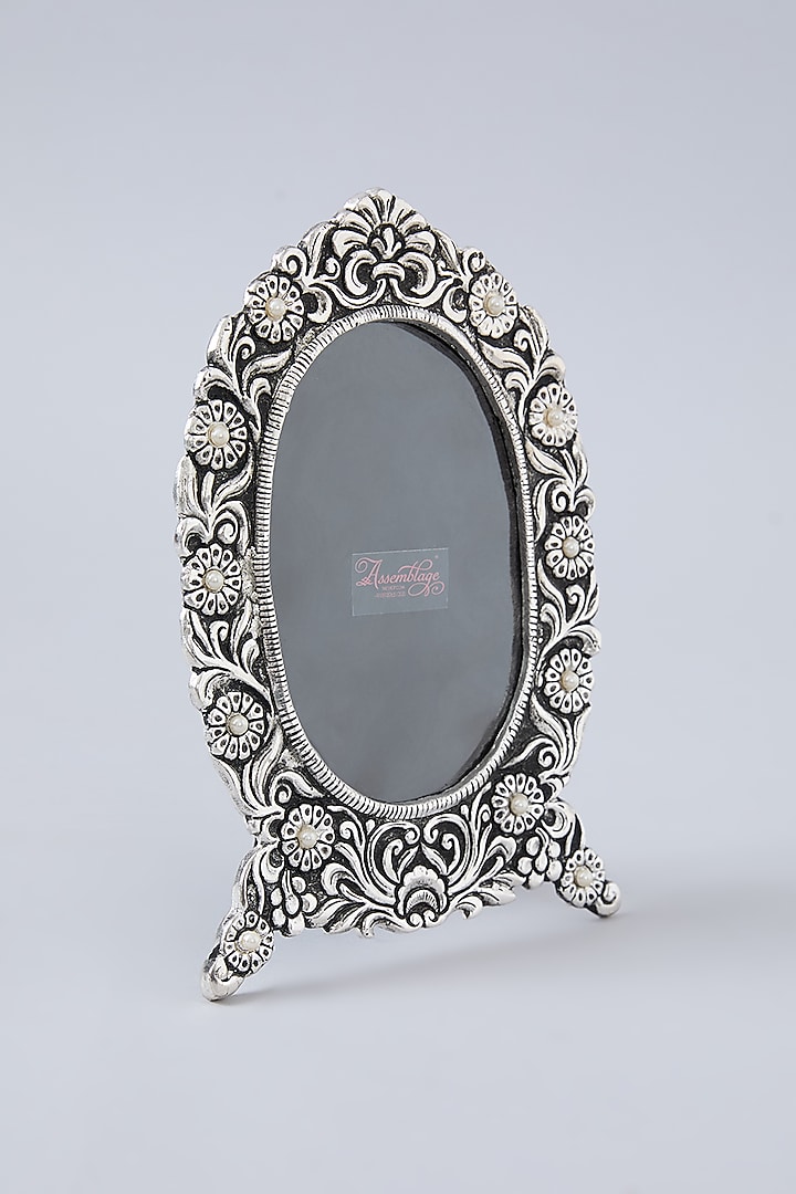 Silver White Metal & Velvet Floral Beaded Photo Frame by Assemblage