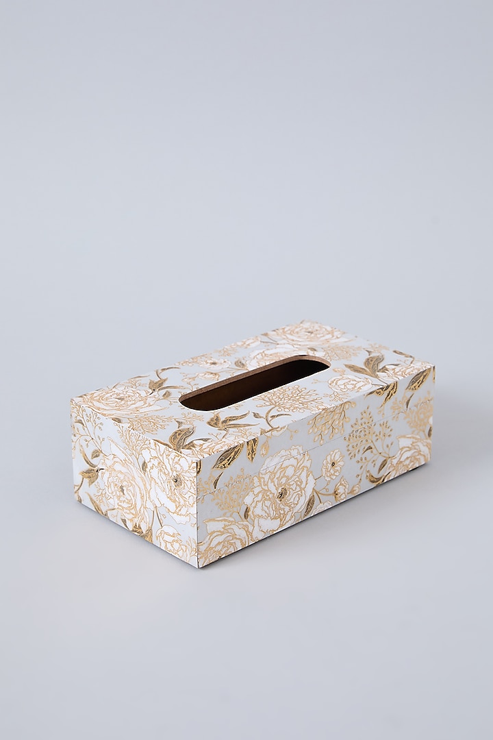 White & Peach MDF Wood Floral Tissue Box by Assemblage