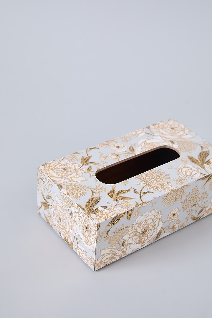 White & Peach MDF Wood Floral Tissue Box by Assemblage at Pernia's Pop Up Shop