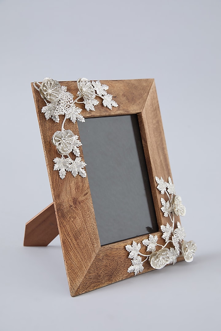 Silver Wood & White Metal r Floral Brooch Wooden Photo Frame by Assemblage