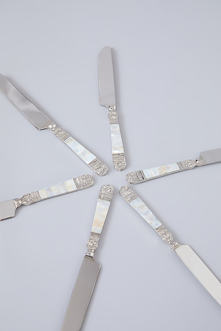 Silver Steel & Mother Of Pearl Knife Set Of 6 by Assemblage at Pernia's Pop Up Shop