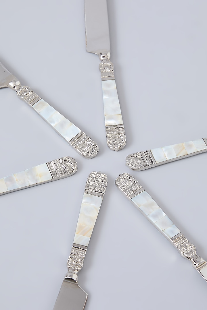 Silver Steel & Mother Of Pearl Knife Set Of 6 by Assemblage at Pernia's Pop Up Shop
