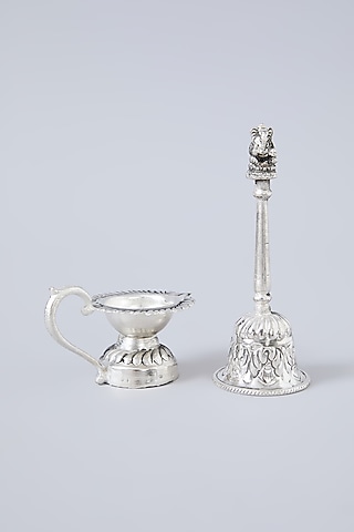 Antique Silver Plated Brass Pooja Bell & Diya Set by Assemblage