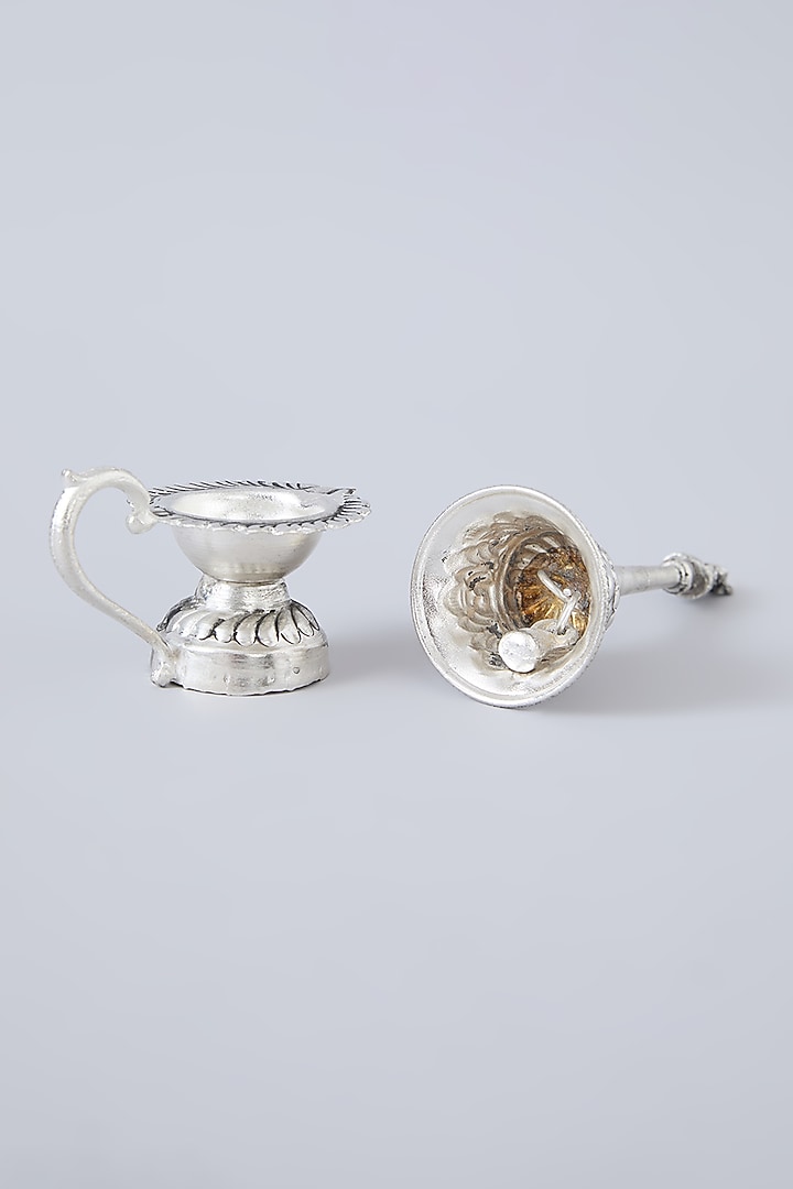 Antique Silver Plated Brass Pooja Bell & Diya Set by Assemblage at Pernia's Pop Up Shop