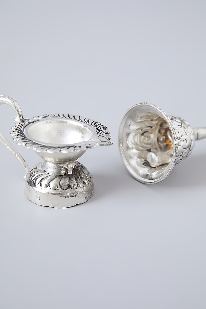 Antique Silver Plated Brass Pooja Bell & Diya Set by Assemblage at Pernia's Pop Up Shop