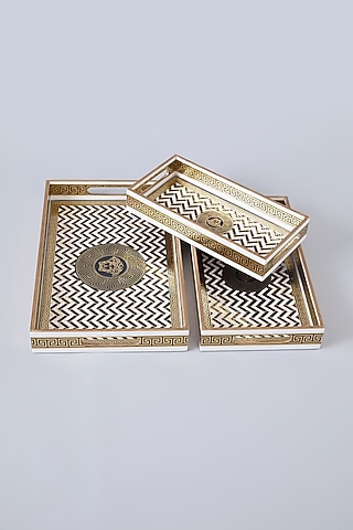 Black & Gold MDF Wood Tray Set Of 3 by Assemblage