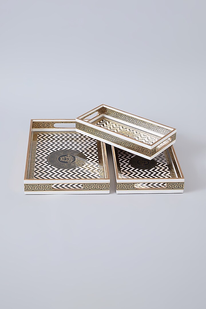 Black & Gold MDF Wood Tray Set Of 3 by Assemblage at Pernia's Pop Up Shop