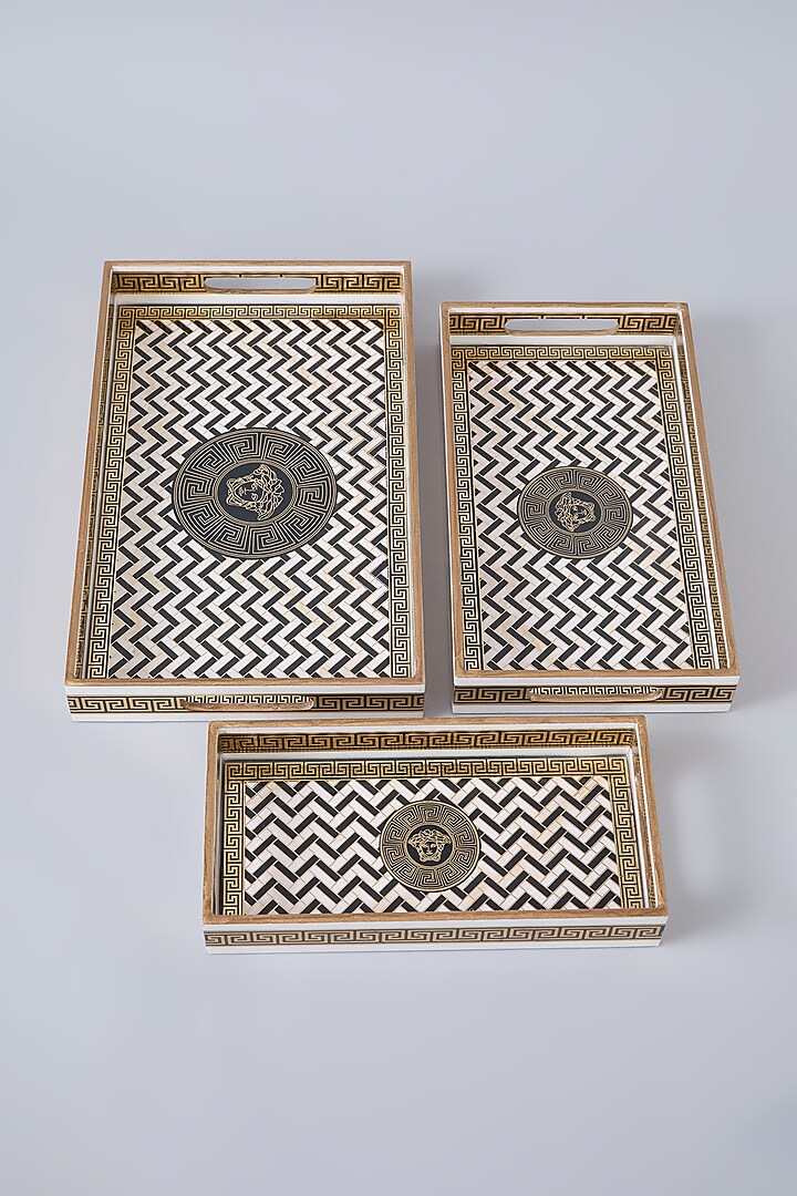 Black & Gold MDF Wood Tray Set Of 3 by Assemblage at Pernia's Pop Up Shop