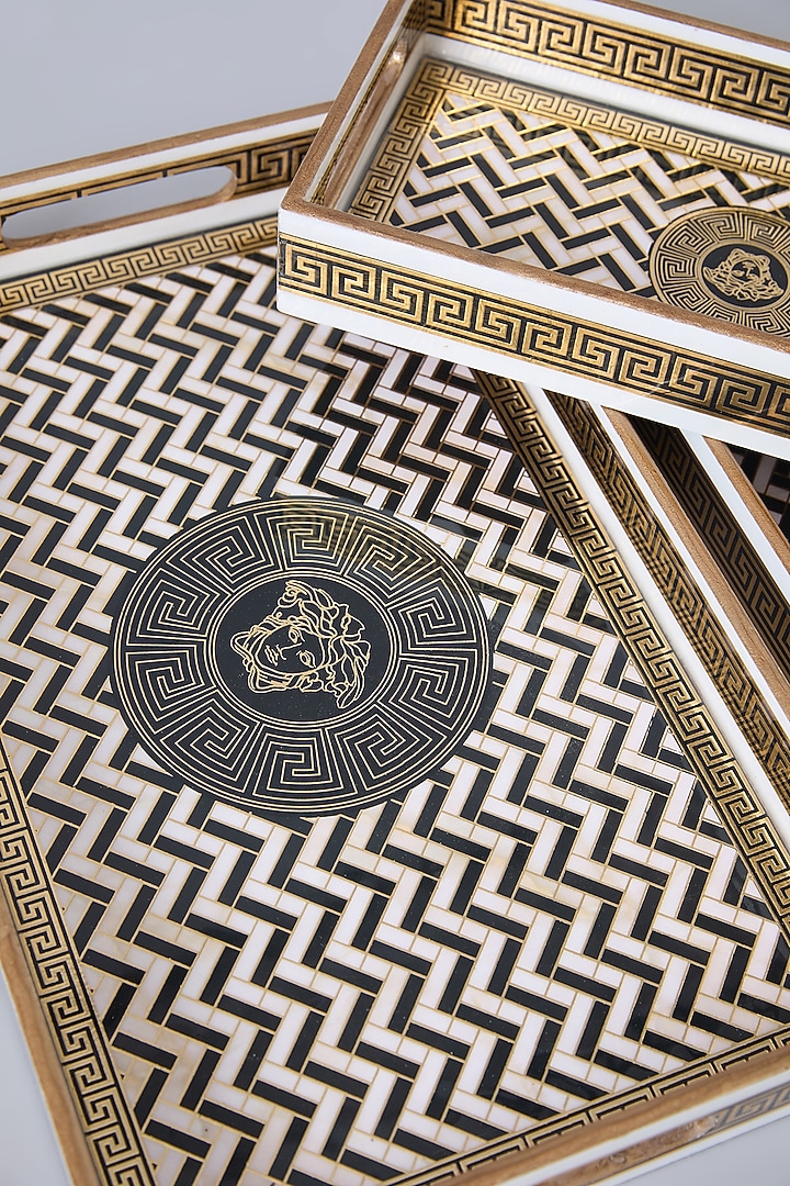 Black & Gold MDF Wood Tray Set Of 3 by Assemblage at Pernia's Pop Up Shop
