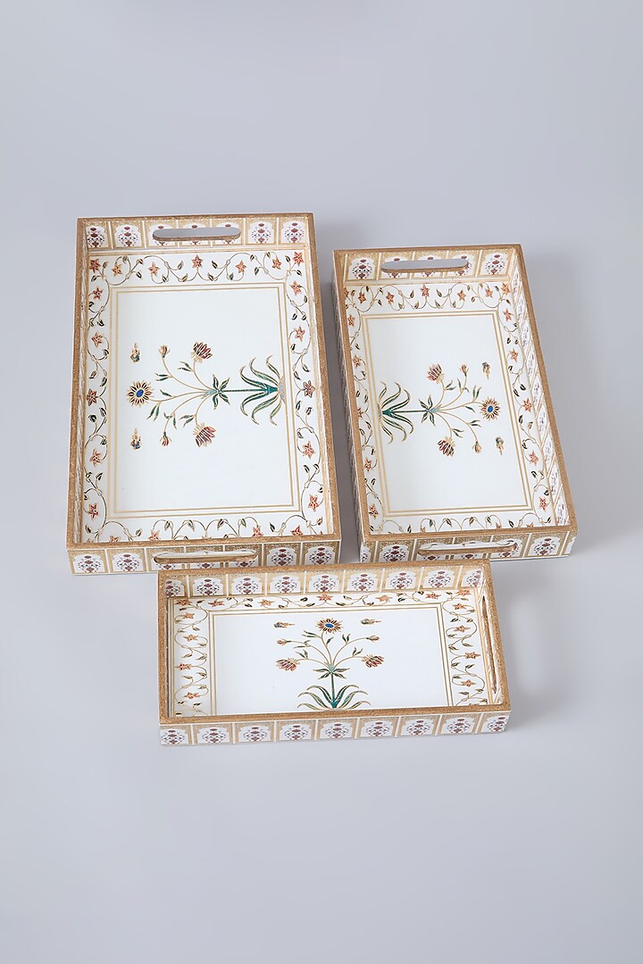 White & Gold MDF Wood Tray Set Of 3 by Assemblage at Pernia's Pop Up Shop
