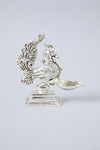 German Silver Dancing Peacock Diya by Assemblage
