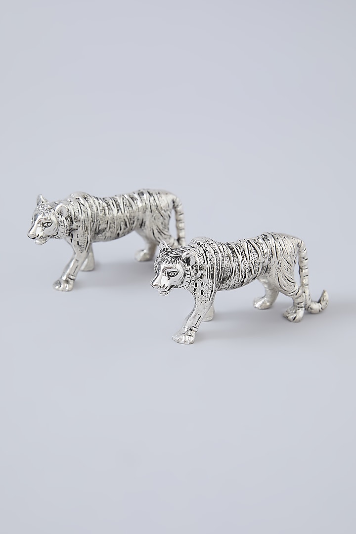 Silver White Metal Mini Tiger Figurines (Set Of 2) by Assemblage