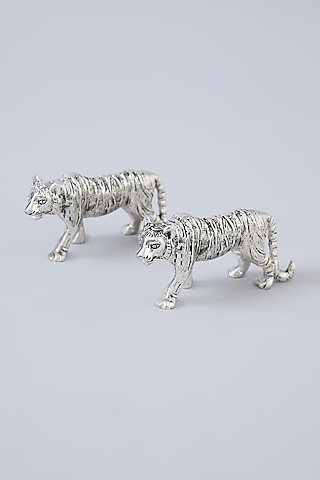 Silver White Metal Mini Tiger Figurines (Set Of 2) by Assemblage