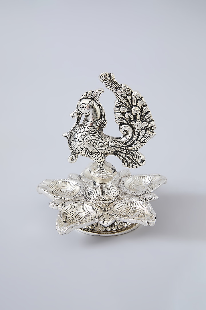 German Silver Peacock Panchmukhi Diya by Assemblage