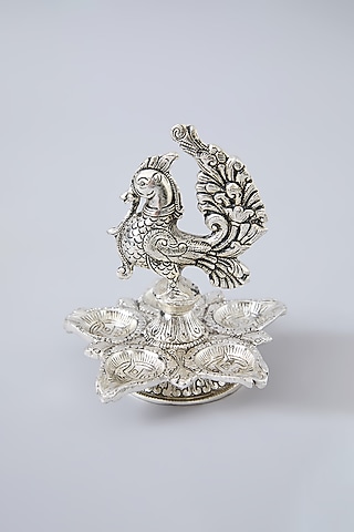 German Silver Peacock Panchmukhi Diya by Assemblage
